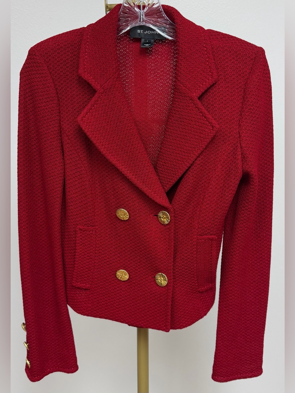 St. John Red Textured Double-Breasted Blazer with Gold Buttons Size 2